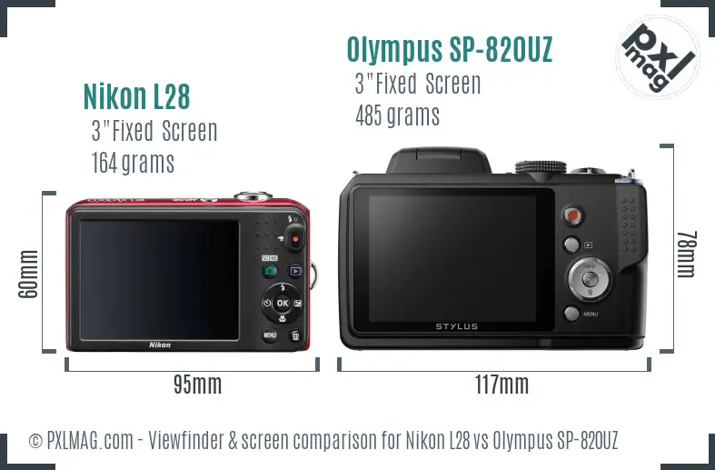 Nikon L28 vs Olympus SP-820UZ Screen and Viewfinder comparison