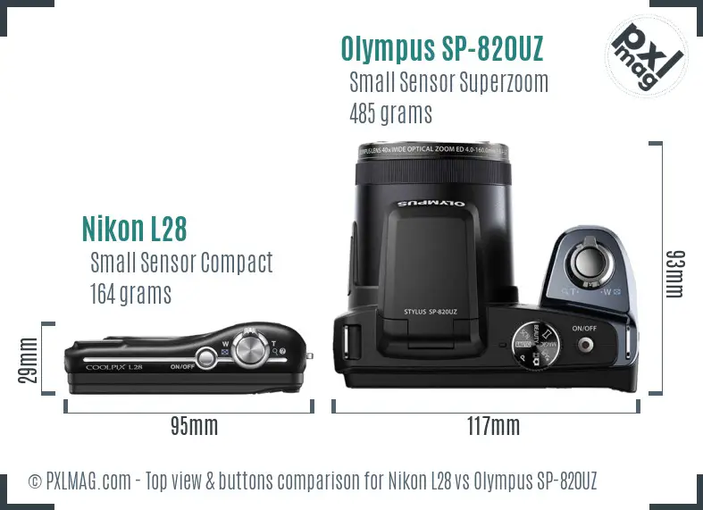 Nikon L28 vs Olympus SP-820UZ top view buttons comparison