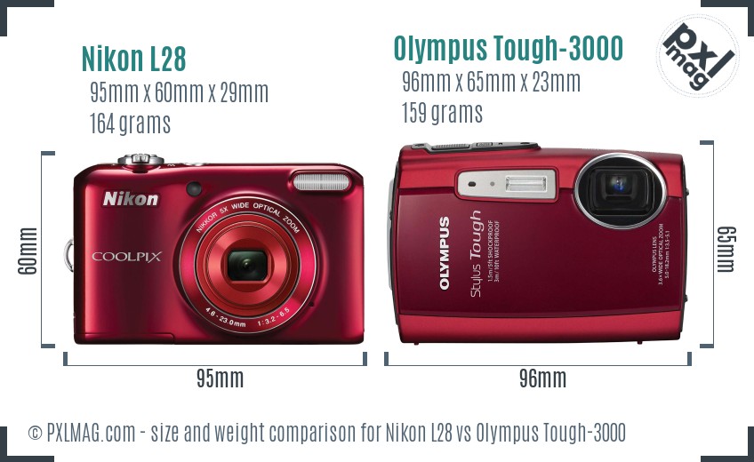 Nikon L28 vs Olympus Tough-3000 size comparison