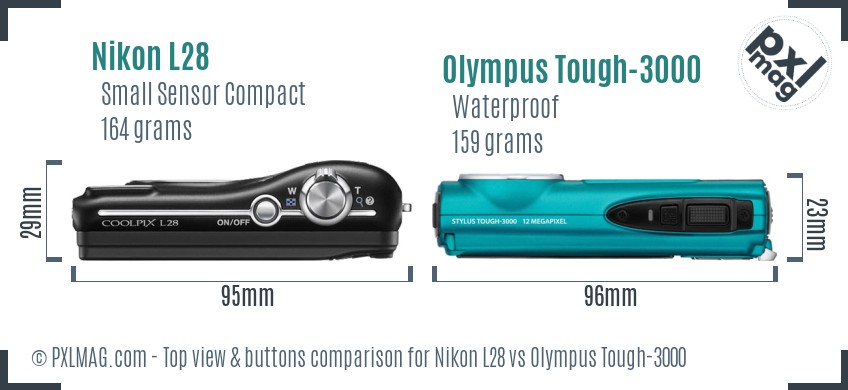 Nikon L28 vs Olympus Tough-3000 top view buttons comparison