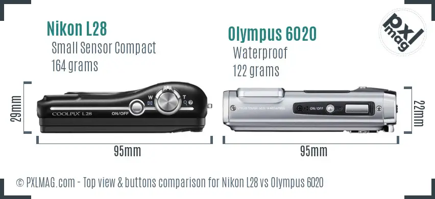 Nikon L28 vs Olympus 6020 top view buttons comparison Nikon L28 vs Olympus 6020 top view buttons comparison