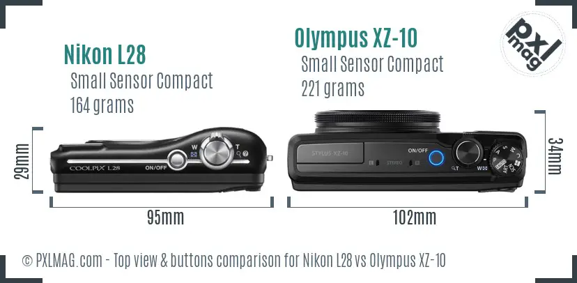 Nikon L28 vs Olympus XZ-10 top view buttons comparison