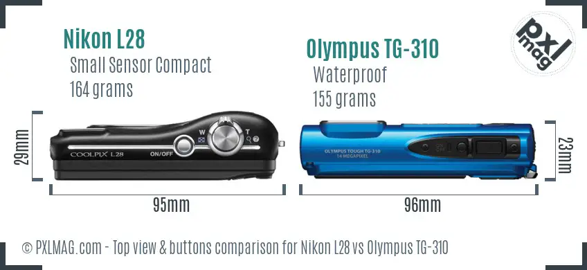 Nikon L28 vs Olympus TG-310 top view buttons comparison