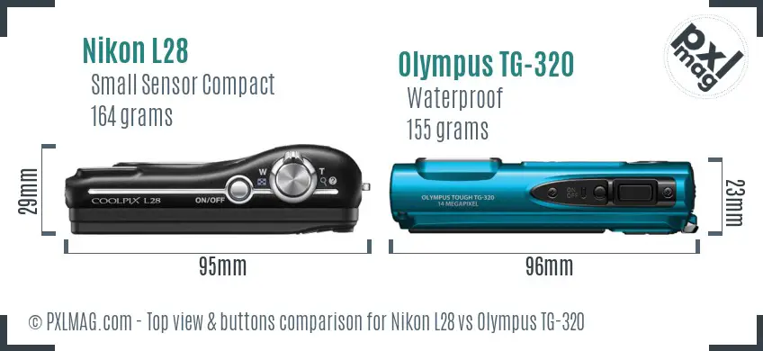 Nikon L28 vs Olympus TG-320 top view buttons comparison Nikon L28 vs Olympus TG-320 top view buttons comparison