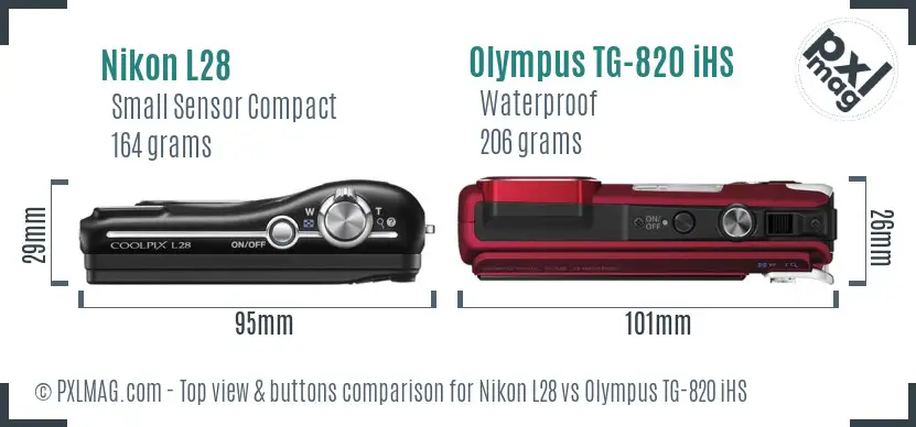 Nikon L28 vs Olympus TG-820 iHS top view buttons comparison Nikon L28 vs Olympus TG-820 iHS top view buttons comparison