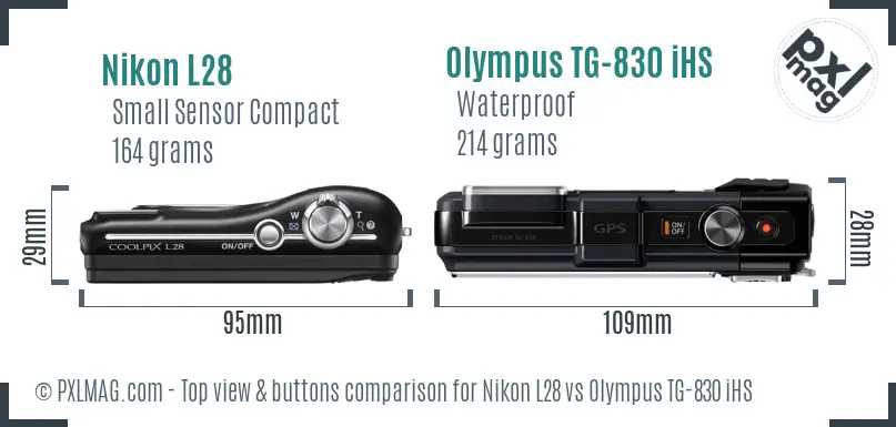 Nikon L28 vs Olympus TG-830 iHS top view buttons comparison