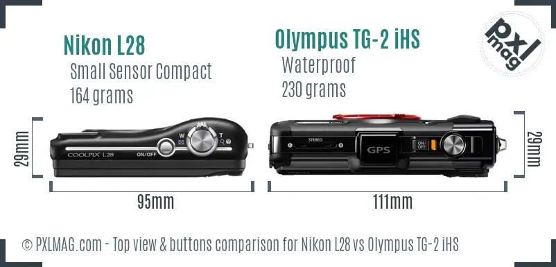 Nikon L28 vs Olympus TG-2 iHS top view buttons comparison Nikon L28 vs Olympus TG-2 iHS top view buttons comparison