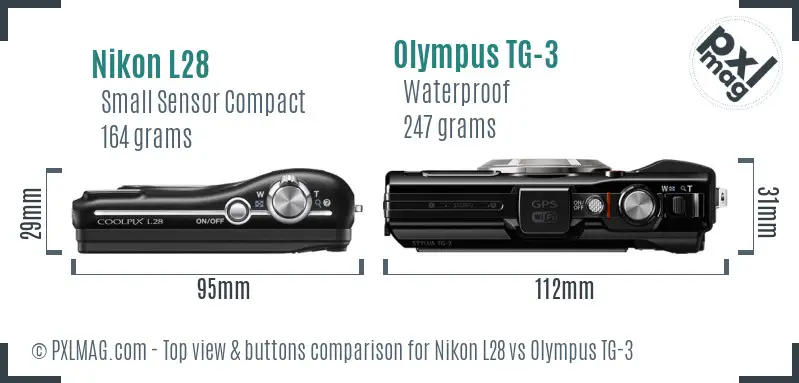 Nikon L28 vs Olympus TG-3 top view buttons comparison Nikon L28 vs Olympus TG-3 top view buttons comparison