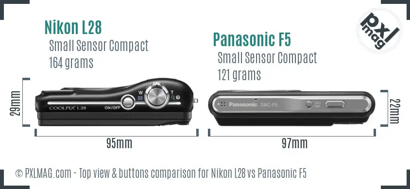 Nikon L28 vs Panasonic F5 top view buttons comparison
