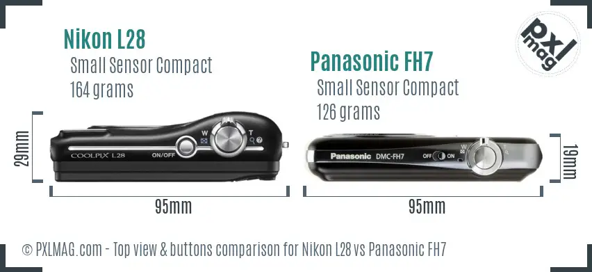 Nikon L28 vs Panasonic FH7 top view buttons comparison Nikon L28 vs Panasonic FH7 top view buttons comparison
