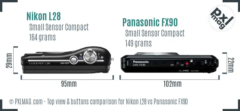 Nikon L28 vs Panasonic FX90 top view buttons comparison