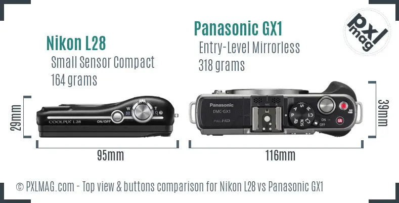 Nikon L28 vs Panasonic GX1 top view buttons comparison