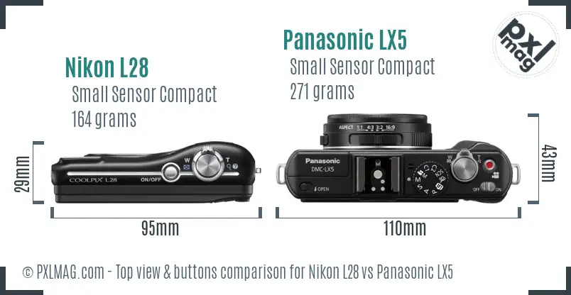 Nikon L28 vs Panasonic LX5 top view buttons comparison