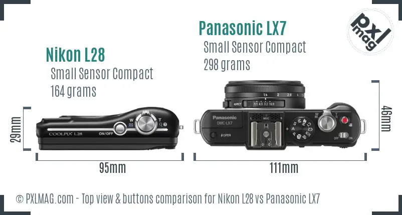 Nikon L28 vs Panasonic LX7 top view buttons comparison