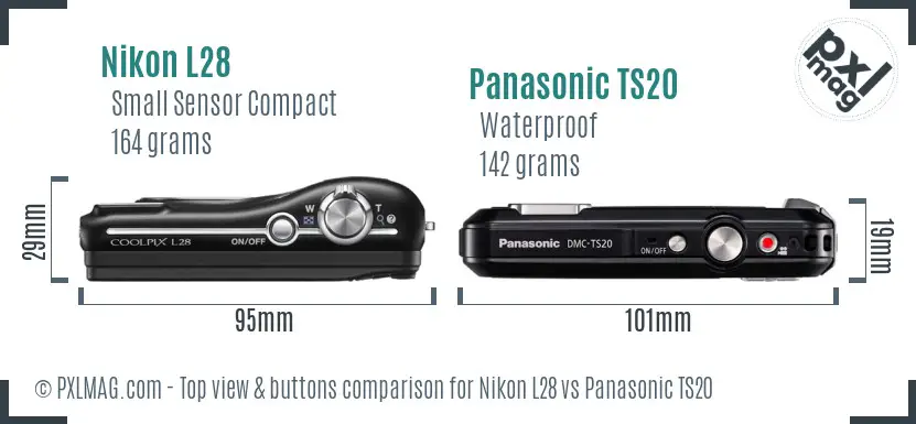 Nikon L28 vs Panasonic TS20 top view buttons comparison