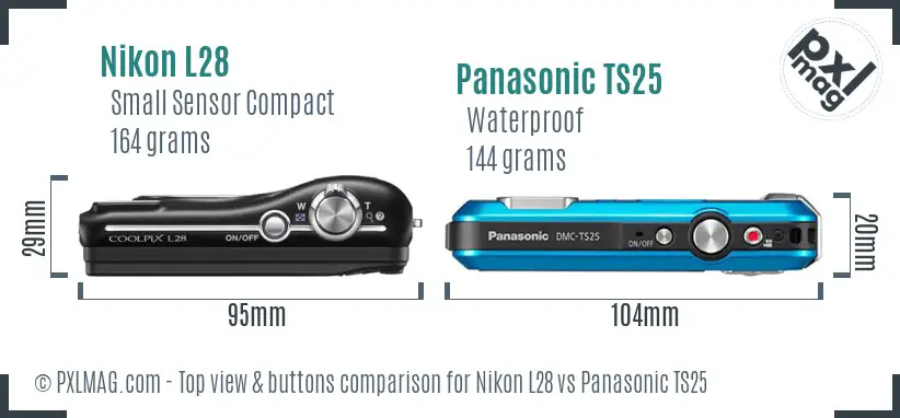 Nikon L28 vs Panasonic TS25 top view buttons comparison