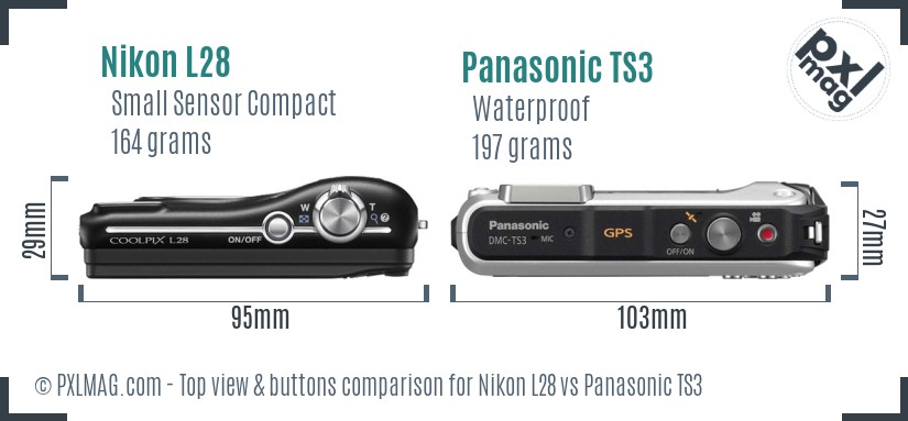 Nikon L28 vs Panasonic TS3 top view buttons comparison
