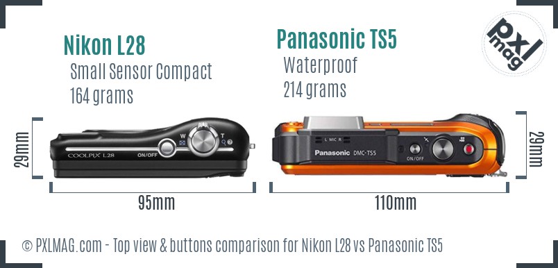 Nikon L28 vs Panasonic TS5 top view buttons comparison