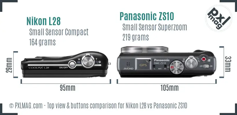 Nikon L28 vs Panasonic ZS10 top view buttons comparison
