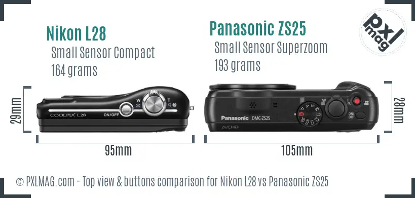 Nikon L28 vs Panasonic ZS25 top view buttons comparison