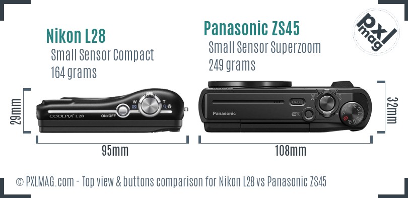 Nikon L28 vs Panasonic ZS45 top view buttons comparison