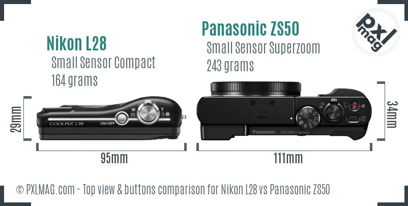 Nikon L28 vs Panasonic ZS50 top view buttons comparison Nikon L28 vs Panasonic ZS50 top view buttons comparison