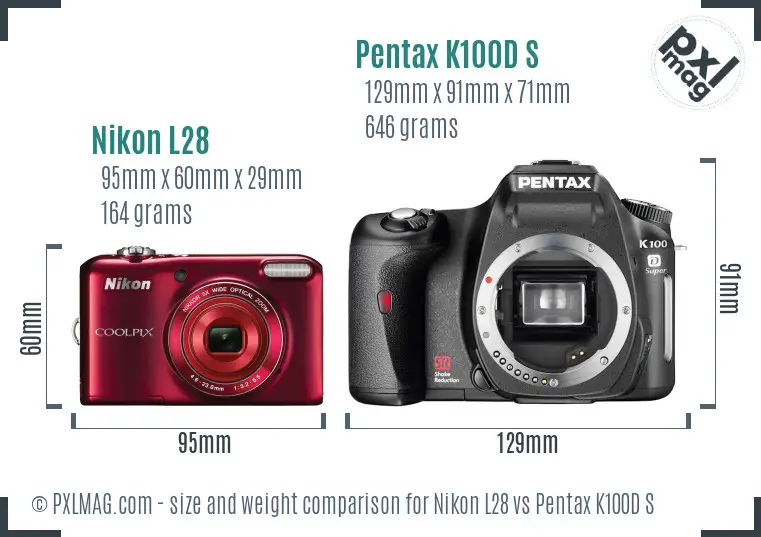 Nikon L28 vs Pentax K100D S size comparison