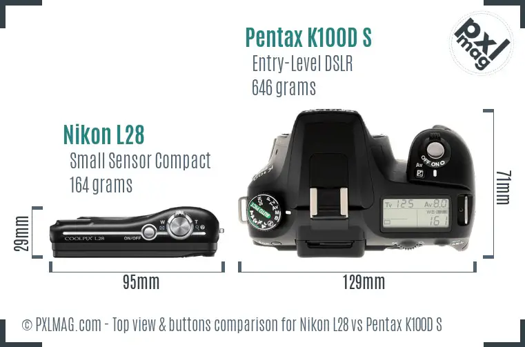 Nikon L28 vs Pentax K100D S top view buttons comparison