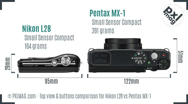 Nikon L28 vs Pentax MX-1 top view buttons comparison