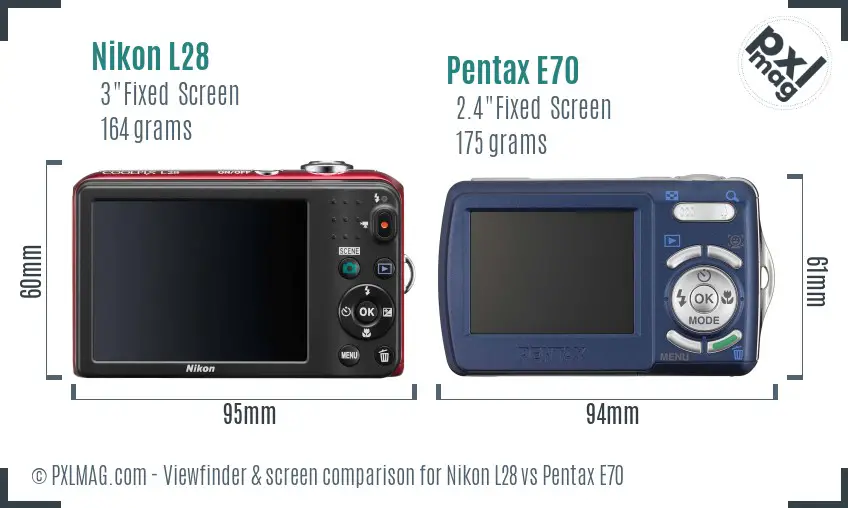 Nikon L28 vs Pentax E70 Screen and Viewfinder comparison