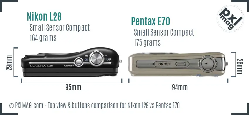 Nikon L28 vs Pentax E70 top view buttons comparison