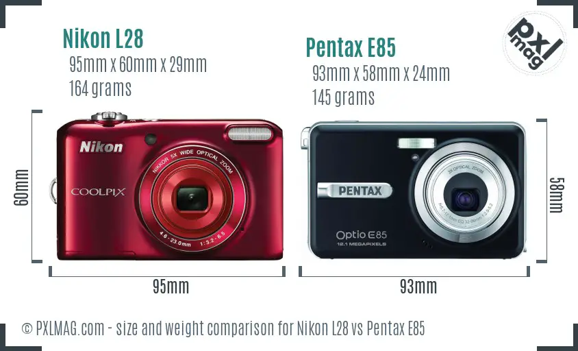 Nikon L28 vs Pentax E85 size comparison