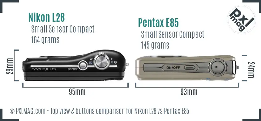 Nikon L28 vs Pentax E85 top view buttons comparison