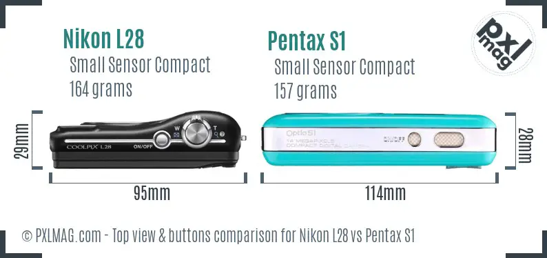 Nikon L28 vs Pentax S1 top view buttons comparison