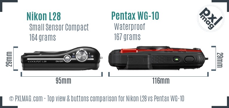 Nikon L28 vs Pentax WG-10 top view buttons comparison
