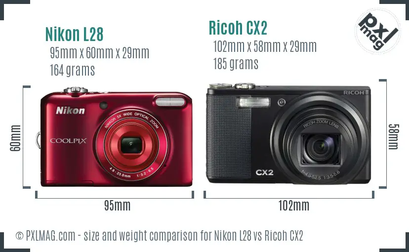 Nikon L28 vs Ricoh CX2 size comparison