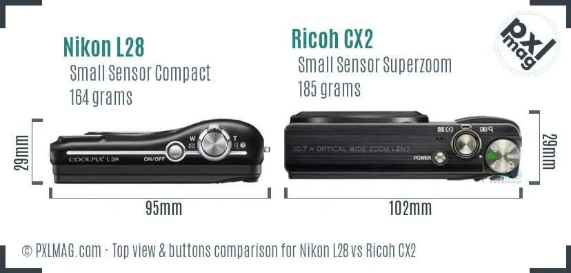 Nikon L28 vs Ricoh CX2 top view buttons comparison