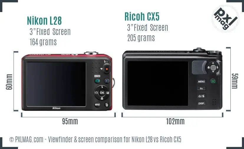 Nikon L28 vs Ricoh CX5 Screen and Viewfinder comparison