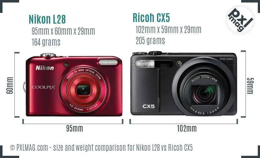 Nikon L28 vs Ricoh CX5 size comparison