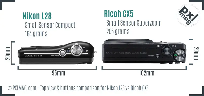 Nikon L28 vs Ricoh CX5 top view buttons comparison