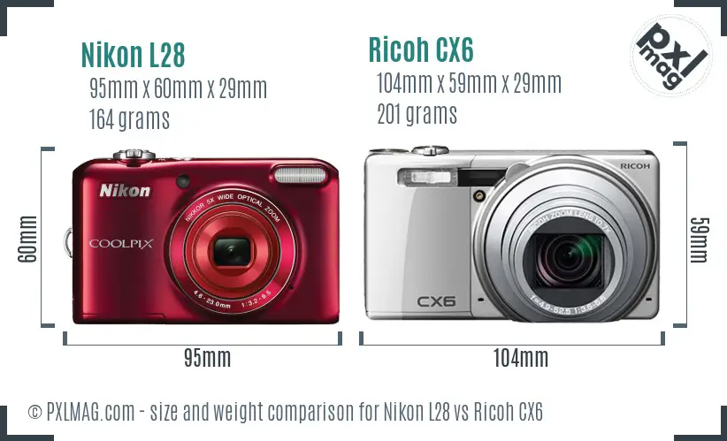 Nikon L28 vs Ricoh CX6 size comparison