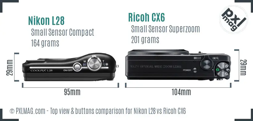 Nikon L28 vs Ricoh CX6 top view buttons comparison