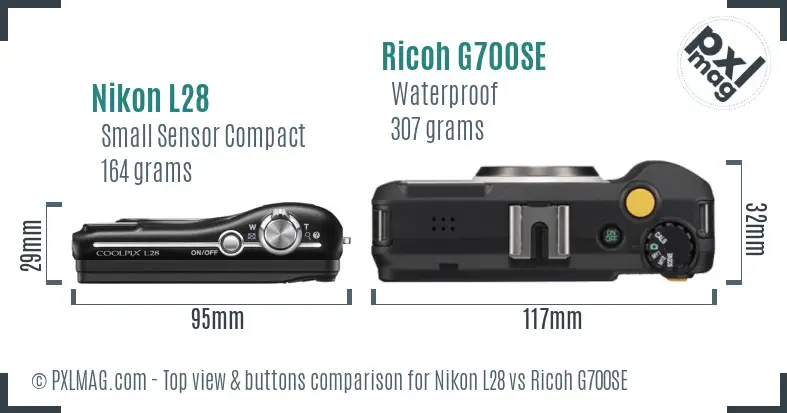 Nikon L28 vs Ricoh G700SE top view buttons comparison