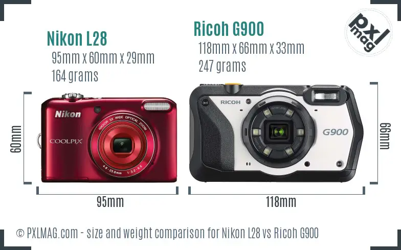 Nikon L28 vs Ricoh G900 size comparison