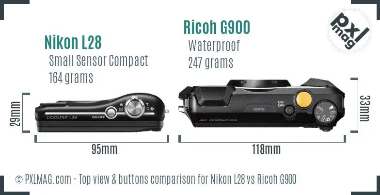 Nikon L28 vs Ricoh G900 top view buttons comparison