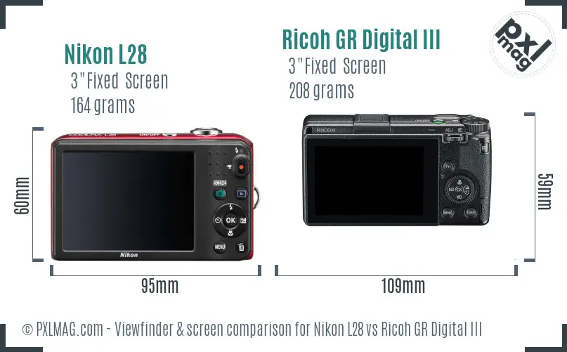 Nikon L28 vs Ricoh GR Digital III Screen and Viewfinder comparison