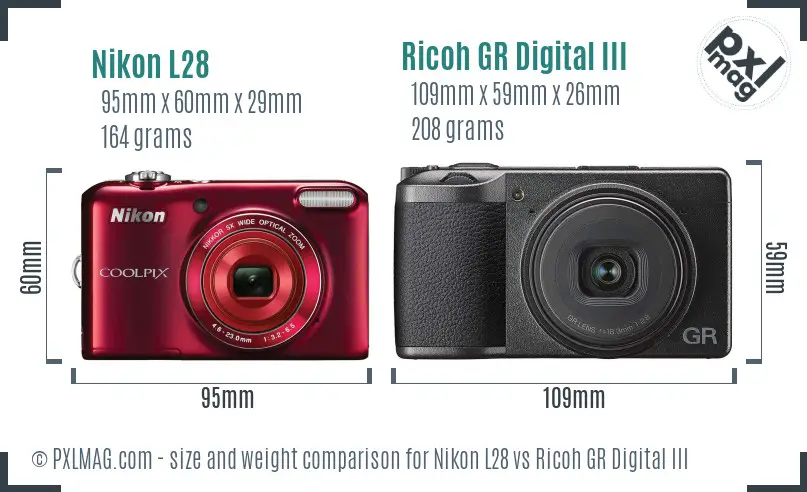 Nikon L28 vs Ricoh GR Digital III size comparison