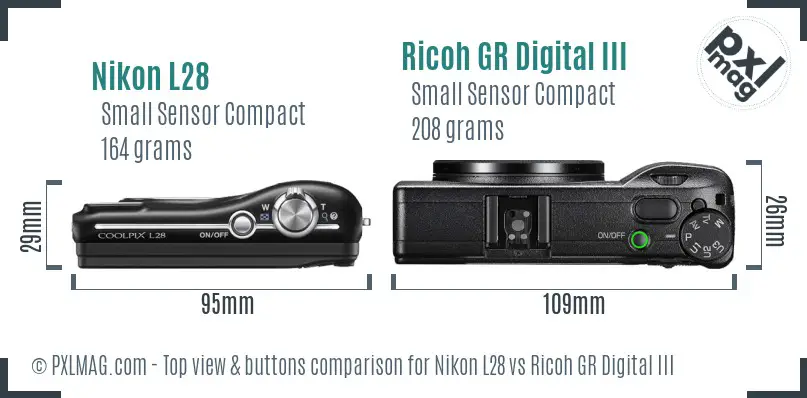 Nikon L28 vs Ricoh GR Digital III top view buttons comparison