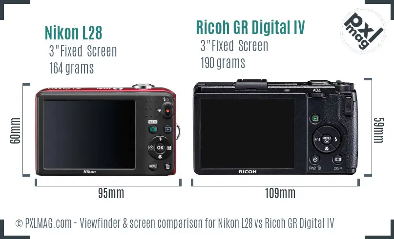 Nikon L28 vs Ricoh GR Digital IV Screen and Viewfinder comparison