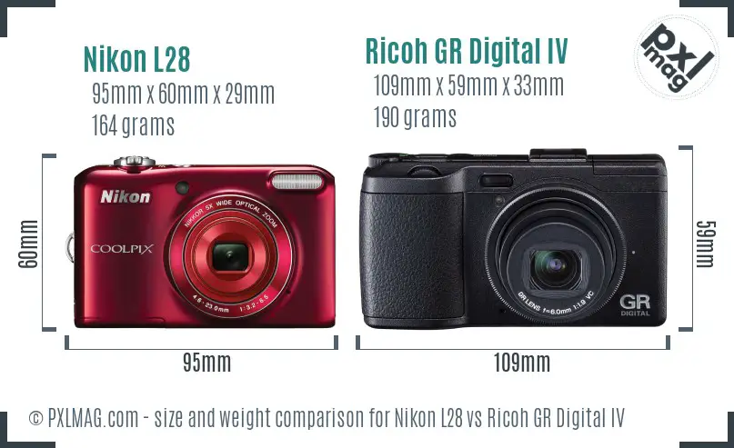 Nikon L28 vs Ricoh GR Digital IV size comparison